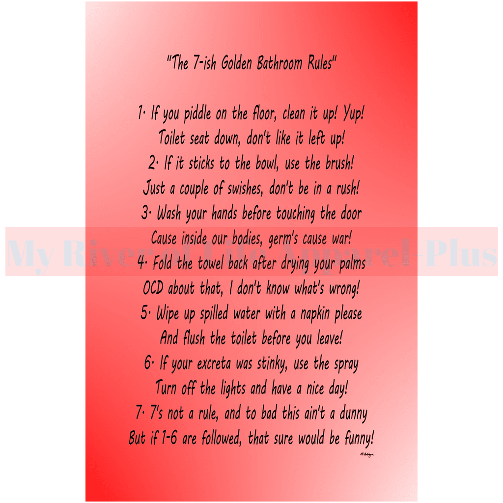 "The 7-ish Golden Bathroom Rules" Giclee Art Print (Red)
