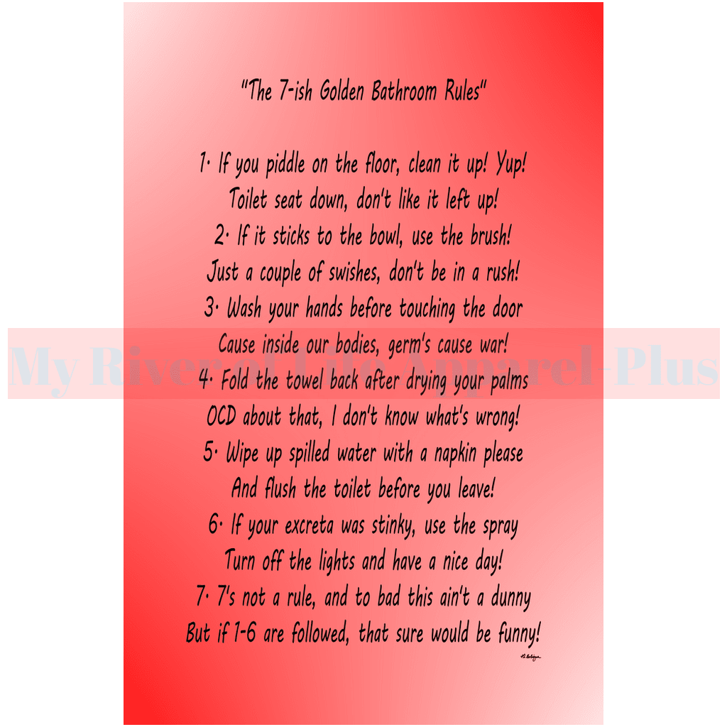 "The 7-ish Golden Bathroom Rules" Giclee Art Print (Red)