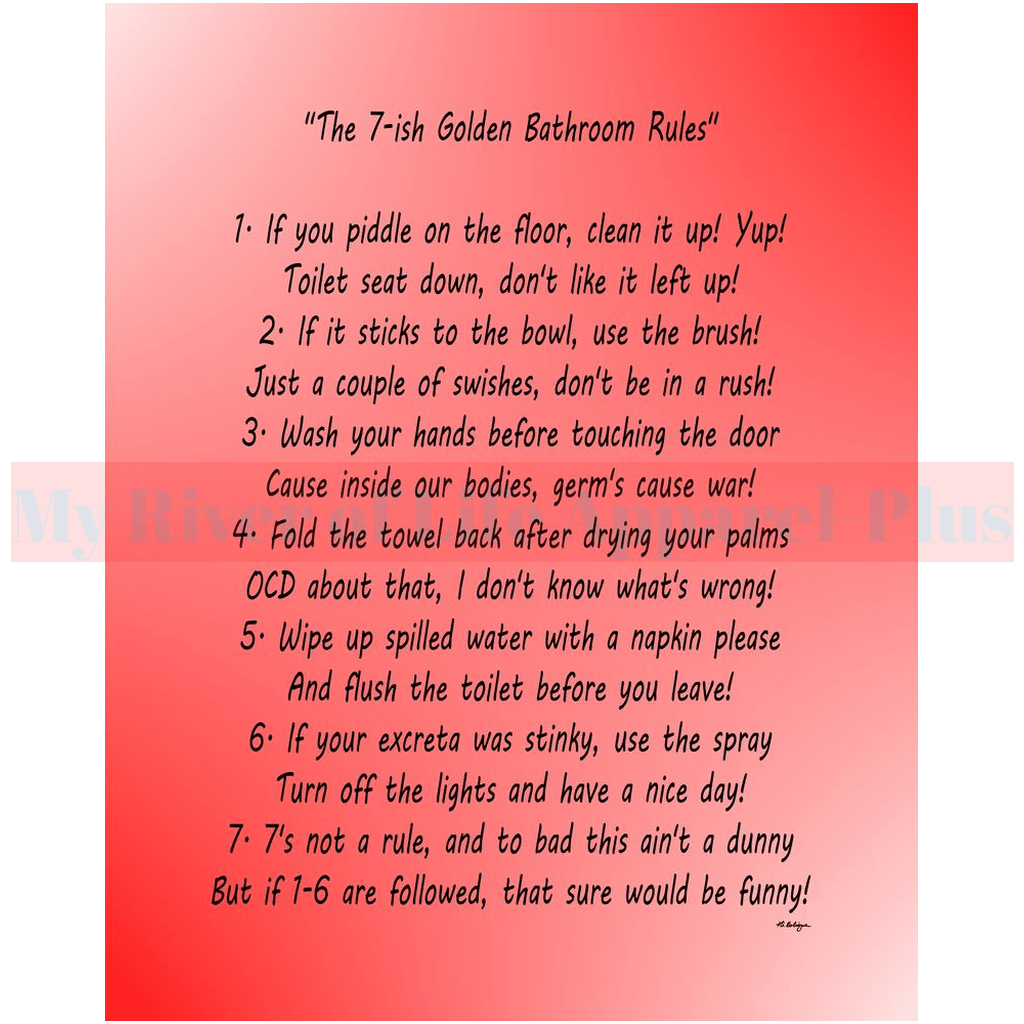 "The 7-ish Golden Bathroom Rules" Giclee Art Print (Red)