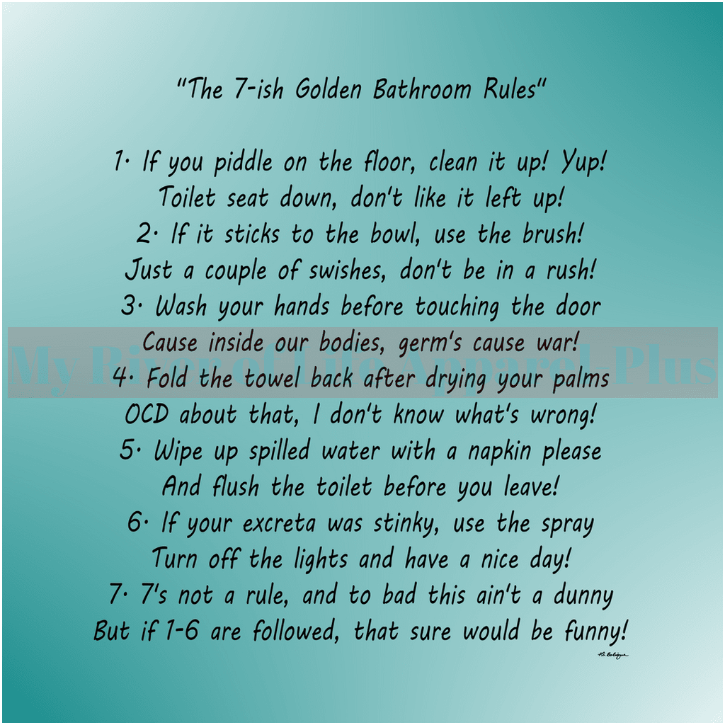 "The 7-ish Golden Bathroom Rules" Giclee Art Print (Teal)