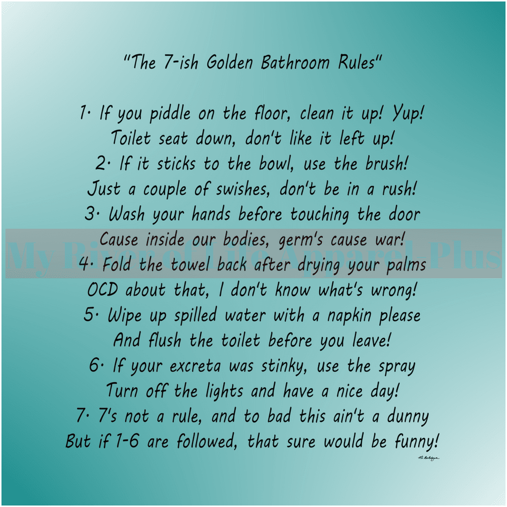 "The 7-ish Golden Bathroom Rules" Giclee Art Print (Teal)
