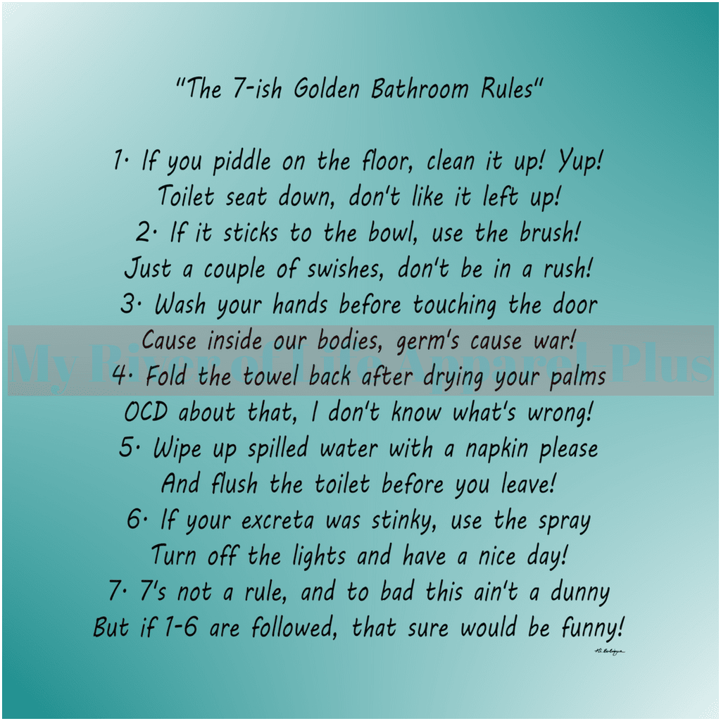 "The 7-ish Golden Bathroom Rules" Giclee Art Print (Teal)