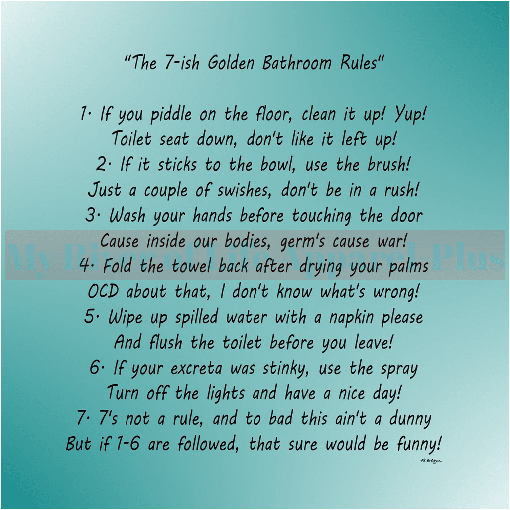 "The 7-ish Golden Bathroom Rules" Giclee Art Print (Teal)