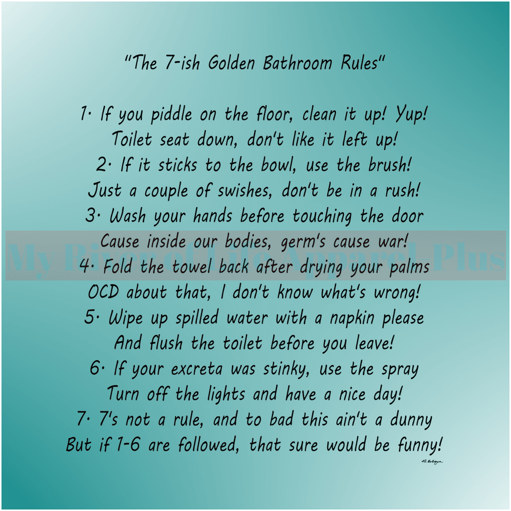 "The 7-ish Golden Bathroom Rules" Giclee Art Print (Teal)