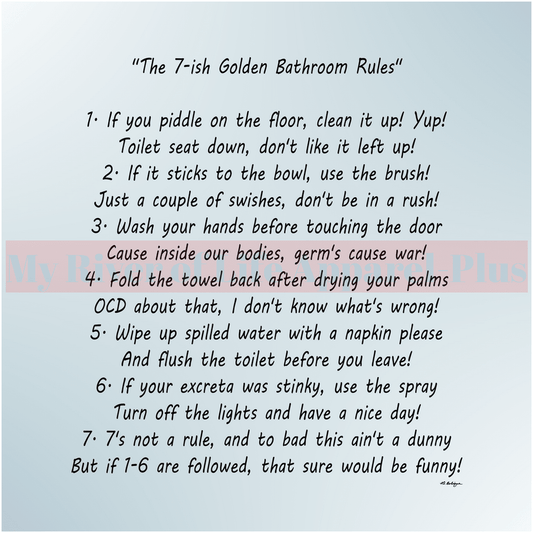 "The 7-ish Golden Bathroom Rules" Giclee Art Print (Blue)