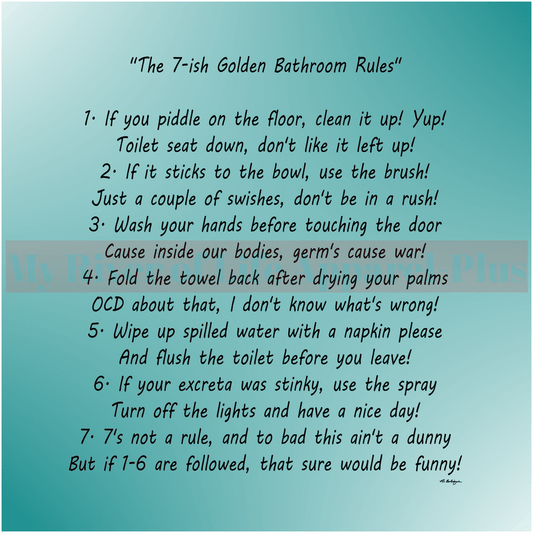 "The 7-ish Golden Bathroom Rules" Giclee Art Print (Teal)
